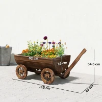 Outsunny Cărucior din lemn cu 4 roți și mâner Jardinieră exterioară cu orificiu de drenaj 115x40x54,5 cm Carbonizat(m-3)