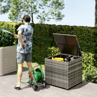 Outsunny 253L Garden Storage Box, Rattan Deck Box with Zipped Liner, Safe Pneumatic Rod, Patio Storage Container, Mixed Grey(m-2)