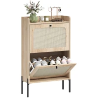 HOMCOM Scarpiera per 12 Paia, Mobile Portascarpe con 2 Cassetti Ribaltabili, Ante in Rattan e Ripiani Regolabili, 60x23,7x99,5 cm, Rovere(m-8)