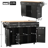 Stylish Kitchen Trolley with Foldable Wood-Grain Countertop, Versatile Buffet with Interchangeable Wheels, 139L x 46W x 91H cm, Black+Natural(m-3)