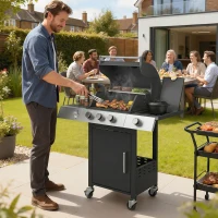 Outsunny Churrasqueira a Gás 10,5 kW 3+1 Queimadores Carrinho BBQ em Aço Inoxidável incl. Queimador Lateral Abre‑garrafas Termómetro Grelha de Ferro Fundido(m-2)