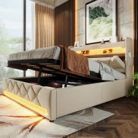 Upholstered Storage Bed with Integrated LED Lighting and USB Ports, Hydraulic Bed with Metal Slatted Frame, 225L x 156W x 111H cm, Beige(m-9)