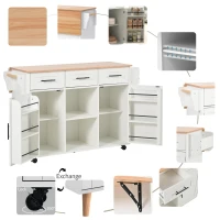 Stylish Kitchen Trolley with Foldable Wood-Grain Countertop, Versatile Buffet with Interchangeable Wheels, 139L x 46W x 91H cm, White(m-8)