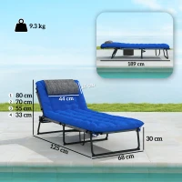 Outsunny Șezlong, spătar reglabil în 4 trepte, pernă, buzunar lateral, tetieră, 68 x 189 x 33 cm, Albastru(m-3)