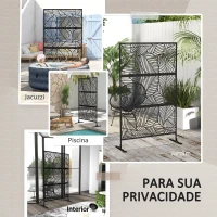 Outsunny Biombo de 3 Painéis 122x198 cm Biombo Separador de Ambientes com Suporte Design de Folhas Grandes Preto(m-6)