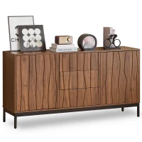 Mid-Century Modern Sideboard with Oak-Grain Slotted Design, Versatile Buffet with Adjustable Shelves, 150L x 40W x 80H cm, Natural(m-11)