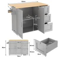 Versatile Kitchen Island with 3 Drawers and 2-Door Cabinet, Space-Saving Rolling Trolley with Foldable Worktop, 135L x 70W x 90H cm, Grey(m-3)