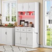 Stylish Tall Pantry Cabinet with App-Controlled LED, Spacious Larder Unit with Water-Resistant Worktop, 100L x 40W x 180H cm, White(m-8)