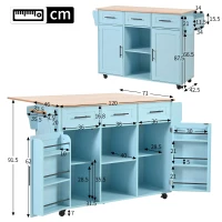 Stylish Kitchen Trolley with Foldable Wood-Grain Countertop, Versatile Buffet with Interchangeable Wheels, 139L x 46W x 91H cm, Blue(m-3)