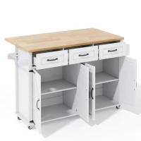 Mobile Kitchen Island with 5 Lockable Castors and Central Wheel, Practical Cart with Foldable Tabletop, 140L x 70W x 90.5H cm, White+Natural(m-13)