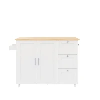 Versatile Kitchen Island with 3 Drawers and 2-Door Cabinet, Space-Saving Rolling Trolley with Foldable Worktop, 135L x 70W x 90H cm, White(m-11)