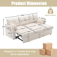 L-Shaped Convertible Sectional Sleeper Sofa with Pull Out Bed, 3-In-1 Convertible Sofa with High Storage Chaise, 206L x 130W x 88H cm, Beige(m-3)
