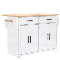Contemporary Kitchen Storage Trolley with Foldable Dropleaf, Spacious Buffet with Towel Holders, 120L x 71W x 91.5H cm, White+Natural(m-2)
