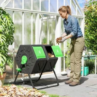 Outsunny Compostor Giratório de 130L Recipiente de Compostagem de Jardim de Dupla Câmara com Aberturas de Ventilação 67x60x77 cm Preto e Verde(m-2)