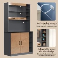 Tall Kitchen Cupboard with LED Lighting, Generous Storage, Freestanding Pantry with Microwave Shelf, 100L x 47W x 187H cm, Natural+Grey(m-4)