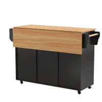 Stylish Kitchen Trolley with Foldable Wood-Grain Countertop, Versatile Buffet with Interchangeable Wheels, 139L x 46W x 91H cm, Black+Natural(m-15)