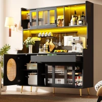 Country-Style Sideboard with Fluted Glass Doors and App-Controlled LED Strip, Storage Buffet with Pegboard Back, 145L x 39W x 171H cm, Black(m-8)