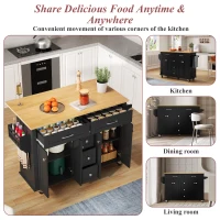 Versatile Kitchen Trolley with Extendable Worktop and 5 Drawers, Sturdy Buffet with Lockable Castors, 140L x 65W x 89H cm, Black+Natural(m-6)