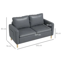 HOMCOM Canapea 2 locuri Tapițată în Poliester cu 2 Buzunare Laterale, Brațere și Picioare din Lemn 143x76x83 cm Gri(m-3)