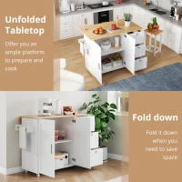 Versatile Kitchen Island with 3 Drawers and 2-Door Cabinet, Space-Saving Rolling Trolley with Foldable Worktop, 135L x 70W x 90H cm, White(m-6)