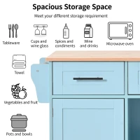 Stylish Kitchen Trolley with Foldable Wood-Grain Countertop, Versatile Buffet with Interchangeable Wheels, 139L x 46W x 91H cm, Blue(m-4)