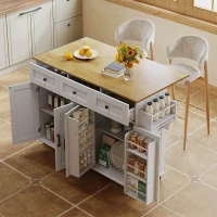 Practical Kitchen Island with 3 Drawers, Door-Mounted Shelf, Trendy Cart with Foldable Countertop, 140L x 70W x 90.5H cm, White+Natural(m-9)