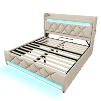 Upholstered Storage Bed with Integrated LED Lighting and USB Ports, Hydraulic Bed with Metal Slatted Frame, 225L x 156W x 111H cm, Beige(m-2)