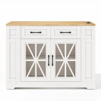 Mobile Kitchen Island with Foldable Tabletop and Sockets, Storage Buffet with Adjustable Shelves, 120L x 65W x 92H cm, White+Natural(m-11)