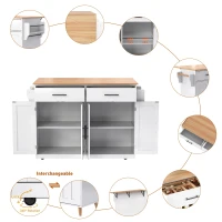 Contemporary Kitchen Storage Trolley with Foldable Dropleaf, Spacious Buffet with Towel Holders, 120L x 71W x 91.5H cm, White+Natural(m-7)