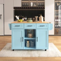 Stylish Kitchen Trolley with Foldable Wood-Grain Countertop, Versatile Buffet with Interchangeable Wheels, 139L x 46W x 91H cm, Blue(m-9)