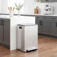 HOMCOM Poubelle de cuisine 2 compartiments de 2 x 30L, avec pédale, en acier inoxydable, couvercle à fermeture douce(m-10)