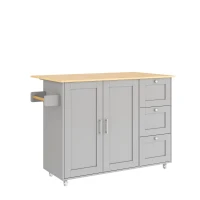 Versatile Kitchen Island with 3 Drawers and 2-Door Cabinet, Space-Saving Rolling Trolley with Foldable Worktop, 135L x 70W x 90H cm, Grey(m-2)