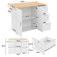 Versatile Kitchen Island with 3 Drawers and 2-Door Cabinet, Space-Saving Rolling Trolley with Foldable Worktop, 135L x 70W x 90H cm, White(m-3)