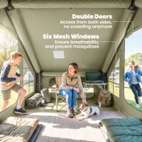 Outsunny Inflatable Camping Tent with Pump and Stove Jack Hole, Luxury Inflatable Tent with Mesh Windows, Doors, Olive Green(m-7)