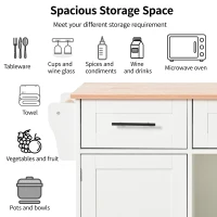 Stylish Kitchen Trolley with Foldable Wood-Grain Countertop, Versatile Buffet with Interchangeable Wheels, 139L x 46W x 91H cm, White(m-4)