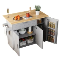 Versatile Kitchen Island with Foldable Worktop, Adjustable Shelves, Multifunctional Cabinet for Dining Areas, 132.5L x 44W x 90H cm, Gray(m-12)