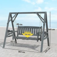 Outsunny Leagăn de grădină pentru 2 persoane, bancă-leagăn din lemn cu polițe, suport pentru băuturi și lanțuri metalice, Gri(m-3)