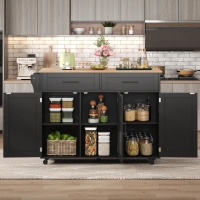 Sleek Kitchen Trolley with 2 Drawers and Cabinets, Mobile Kitchen Island with Foldable Tabletop, 129L x 46W x 91.5H cm, Black+Natural