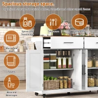 Contemporary Kitchen Storage Trolley with Foldable Dropleaf, Spacious Buffet with Towel Holders, 120L x 71W x 91.5H cm, White+Natural(m-5)