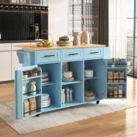Stylish Kitchen Trolley with Foldable Wood-Grain Countertop, Versatile Buffet with Interchangeable Wheels, 139L x 46W x 91H cm, Blue(m-11)