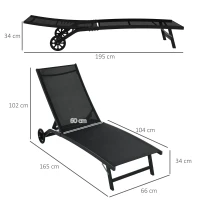 Outsunny Set de 2 șezlonguri din aluminiu și textilenă cu roți, spătar înclinabil, greutate max. 150 kg, negru(m-3)
