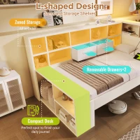 Practical Platform Bed with USB, Type-C Charging Ports and Bookcase, L-Shaped Bed with Triple-Side Storage, 234L x 116W x 90H cm, White(m-4)