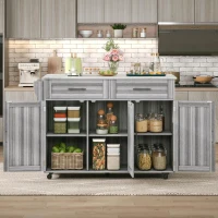 Sleek Kitchen Trolley with 2 Drawers and Foldable Tabletop, Mobile Kitchen Island with Wood Veneer, 129L x 46W x 91.5H cm, Grey+White(m-1)