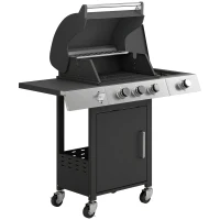 Outsunny Churrasqueira a Gás 10,5 kW 3+1 Queimadores Carrinho BBQ em Aço Inoxidável incl. Queimador Lateral Abre‑garrafas Termómetro Grelha de Ferro Fundido(m-1)
