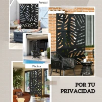 Outsunny Biombo de 3 Painéis 122x198 cm Biombo Separador de Ambientes com Suporte Design de Folhas Preto(m-6)