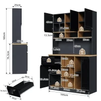 Stylish Kitchen Cabinet with 3 Smooth-Sliding Drawers, Versatile Sideboard with Adjustable Shelves, 105L x 45W x 185H cm, Black+Natural(m-3)