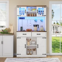 Tall Kitchen Pantry with Drawers and Remote-Controlled LEDs, Stylish Bar Cabinet with Adjustable Shelves, 100L x 40W x 172H cm, Brown+White(m-8)