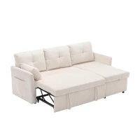 L-Shaped Convertible Sectional Sleeper Sofa with Pull Out Bed, 3-In-1 Convertible Sofa with High Storage Chaise, 206L x 130W x 88H cm, Beige(m-12)