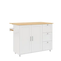 Versatile Kitchen Island with 3 Drawers and 2-Door Cabinet, Space-Saving Rolling Trolley with Foldable Worktop, 135L x 70W x 90H cm, White(m-2)