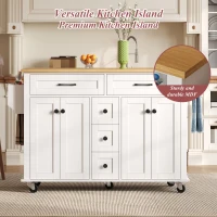 Versatile Kitchen Trolley with Extendable Worktop and 5 Drawers, Sturdy Buffet with Lockable Castors, 140L x 65W x 89H cm, White+Natural(m-4)